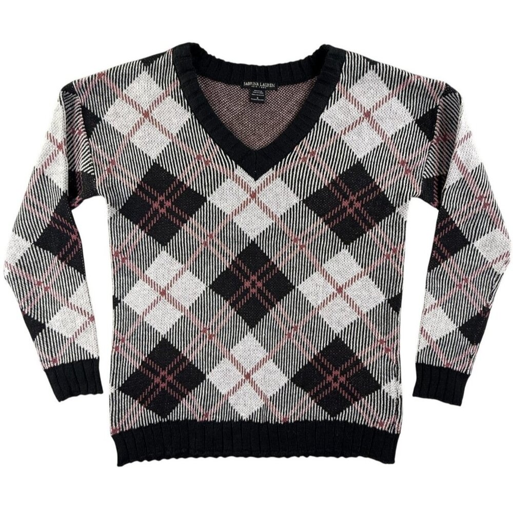 Sabrina Lauren Sweater Womens Small Black Pink Argyle V Neck Knit Pullover Cozy